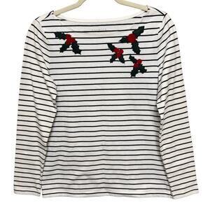 Talbots Holly Appliqué Boat Neck Tunic XS White Stripe Long Sleeve Holiday NEW